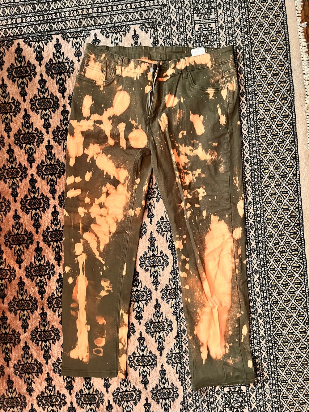Men’s Olive Green Jeans with Orange Bleach-Effect